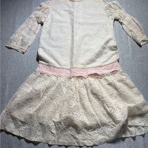 Vintage style Ivory Lace Dress with Pink Lace Waistband